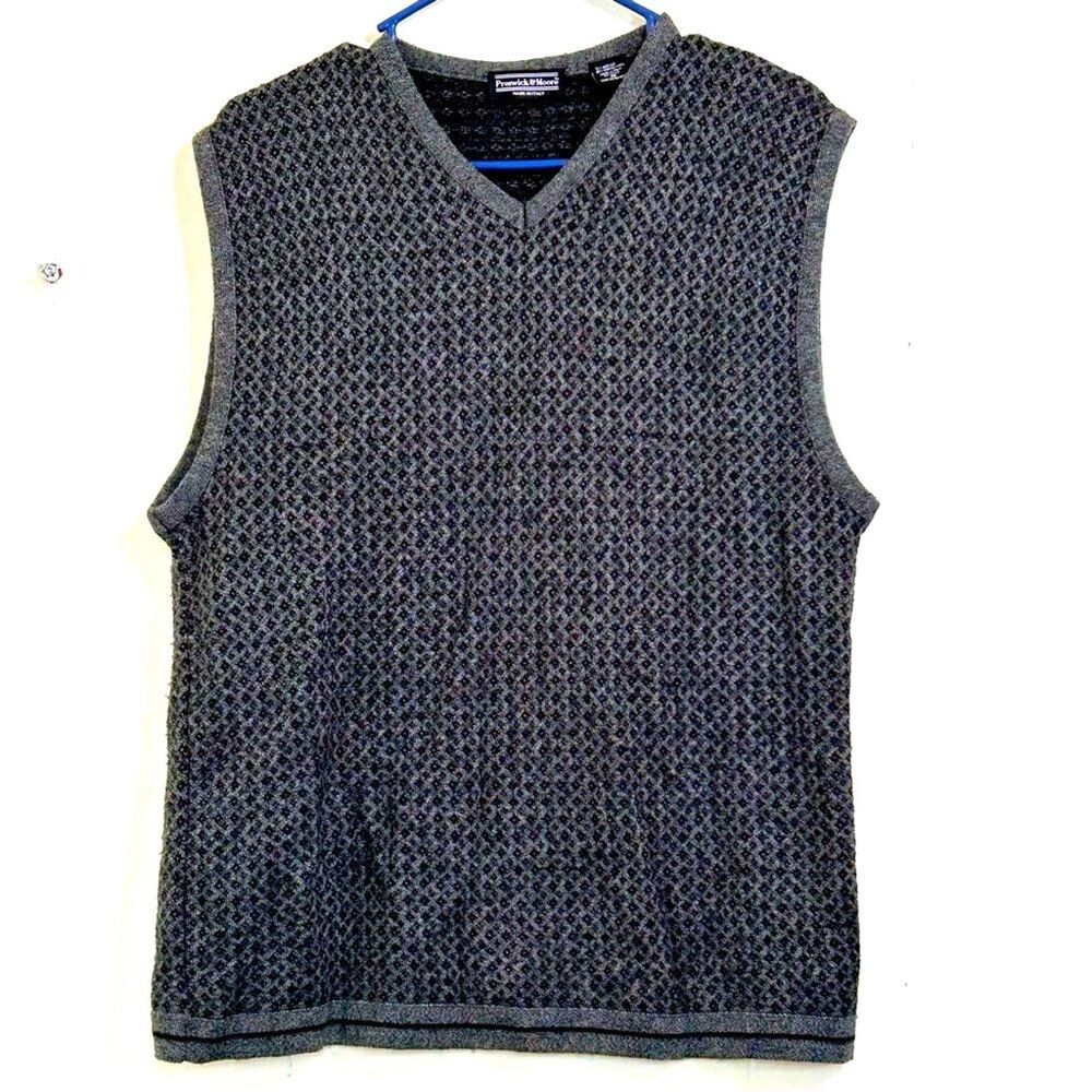PRESWICK & MOORE Gray Black Merino Wool Sweater Vest Size Medium Made in Italy